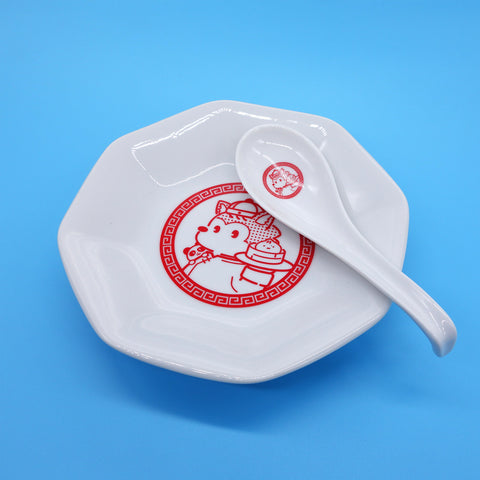 オオカミのアオン「まんぷく アオン飯店」＜オリジナル中華皿セット＞八角皿1枚と小皿1枚とレンゲ1個