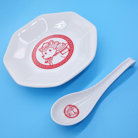 オオカミのアオン「まんぷく アオン飯店」＜オリジナル中華皿セット＞八角皿1枚と小皿1枚とレンゲ1個