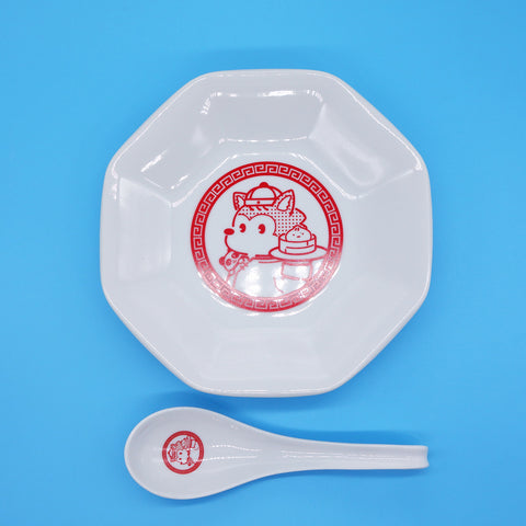 オオカミのアオン「まんぷく アオン飯店」＜オリジナル中華皿セット＞八角皿1枚と小皿1枚とレンゲ1個