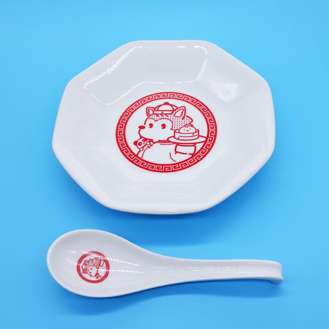 オオカミのアオン「まんぷく アオン飯店」＜オリジナル中華皿セット＞八角皿1枚と小皿1枚とレンゲ1個