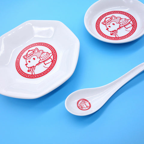 オオカミのアオン「まんぷく アオン飯店」＜オリジナル中華皿セット＞八角皿1枚と小皿1枚とレンゲ1個