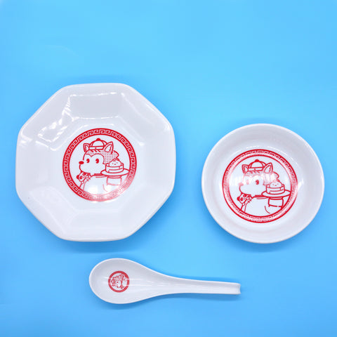 オオカミのアオン「まんぷく アオン飯店」＜オリジナル中華皿セット＞八角皿1枚と小皿1枚とレンゲ1個