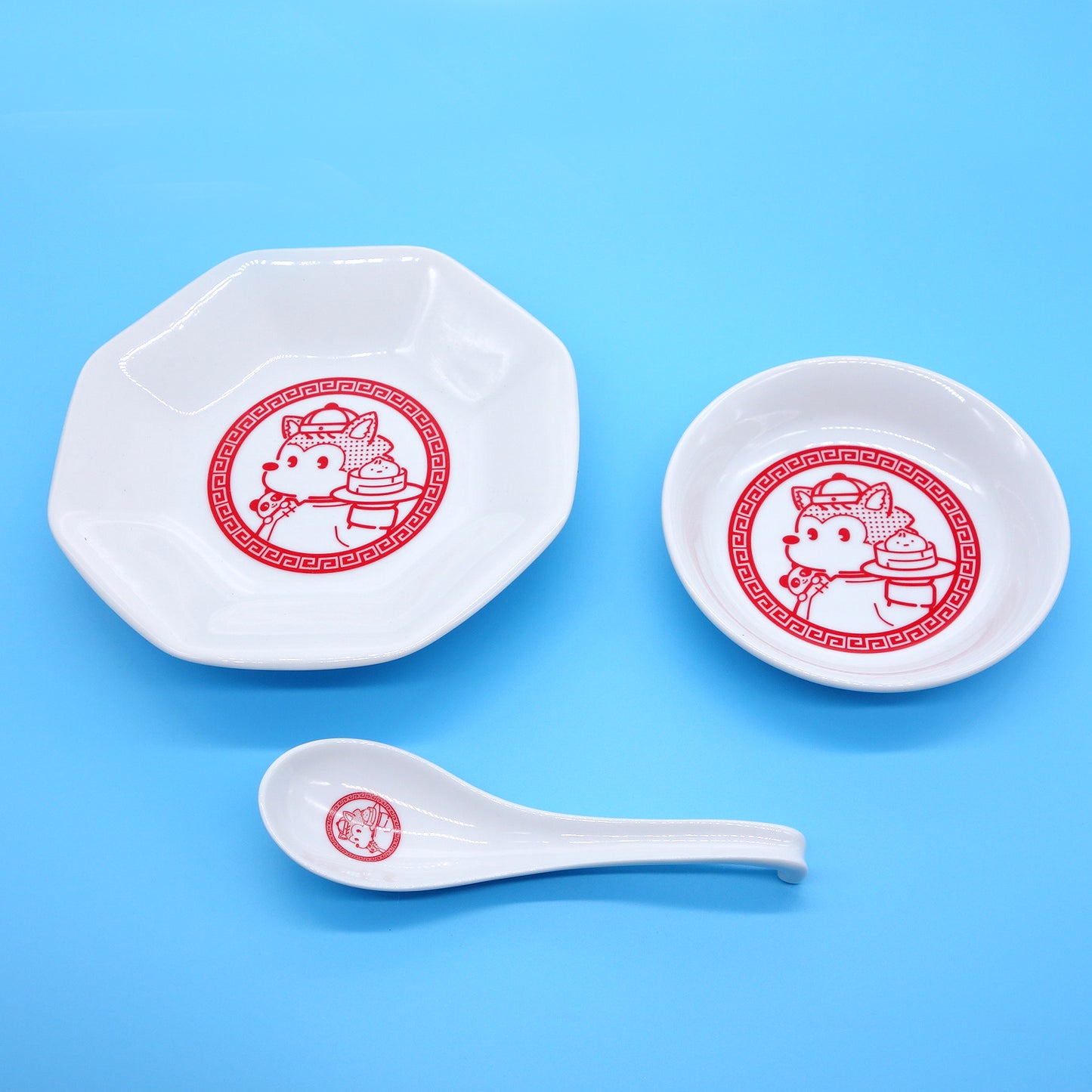オオカミのアオン「まんぷく アオン飯店」＜オリジナル中華皿セット＞八角皿1枚と小皿1枚とレンゲ1個